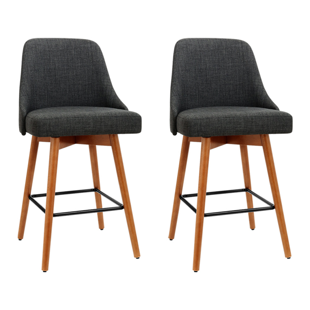 Set of 2 Wooden Fabric Bar Stools Square Footrest - Charcoal Homecoze