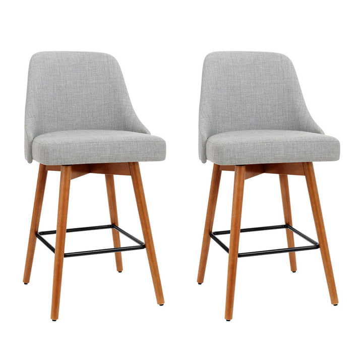 Set of 2 Wooden Fabric Bar Stools Square Footrest - Light Grey Homecoze