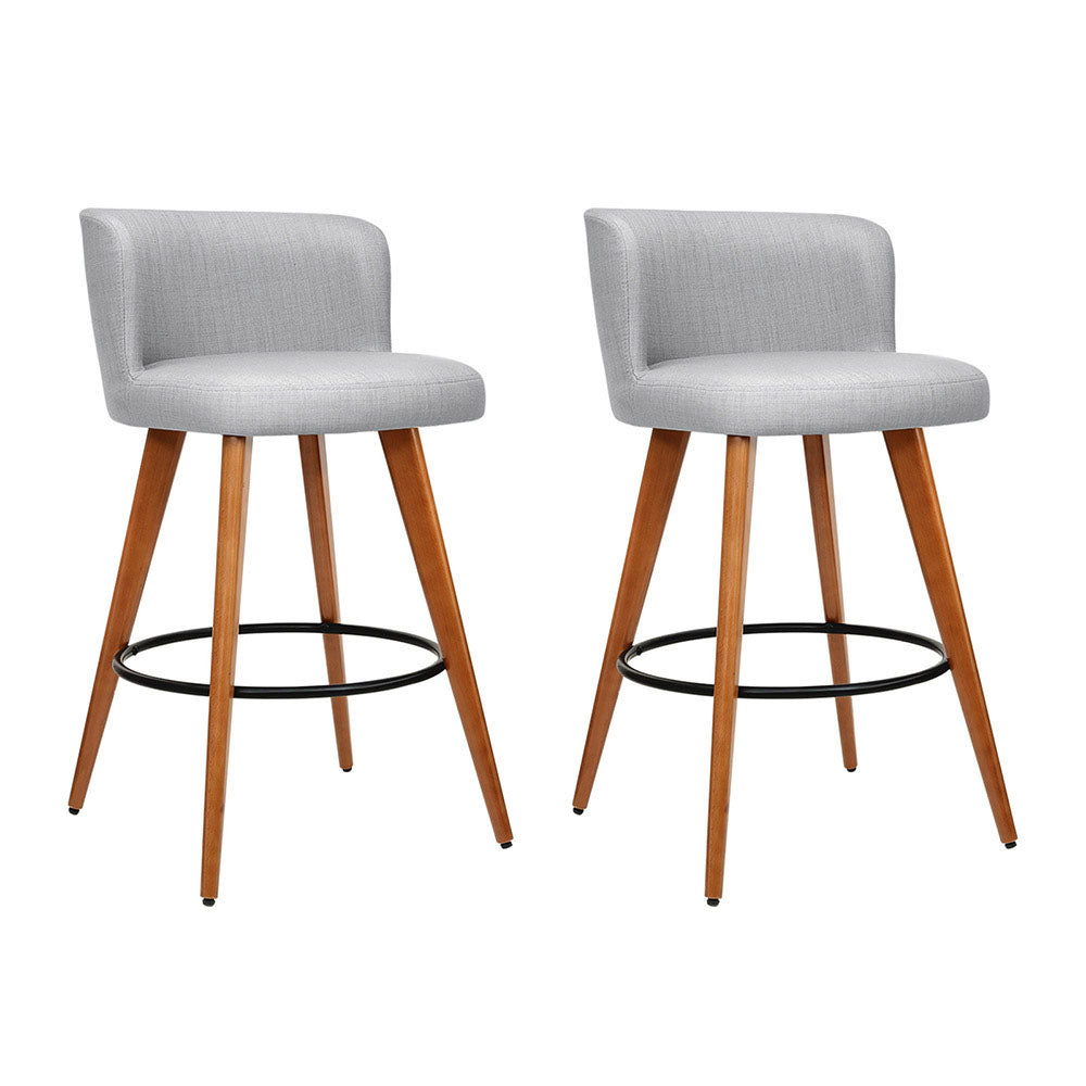 Set of 2 Wooden Fabric Bar Stools Circular Footrest - Light Grey Homecoze