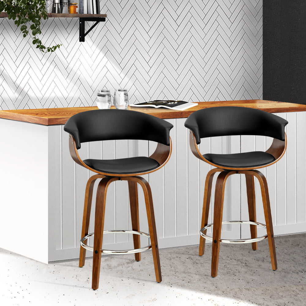 Set of 2 Swivel PU Leather Bar Stool - Wood and Black Homecoze