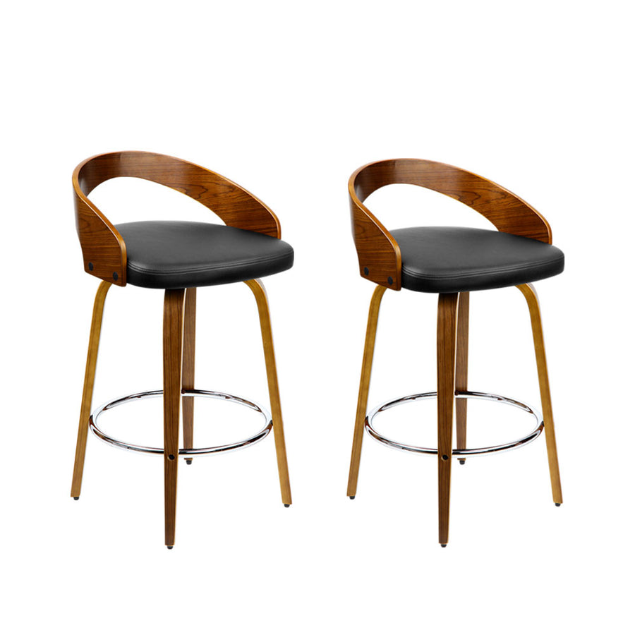 Set of 2 Walnut & PU Leather Bar Stools - Black and Brown Homecoze