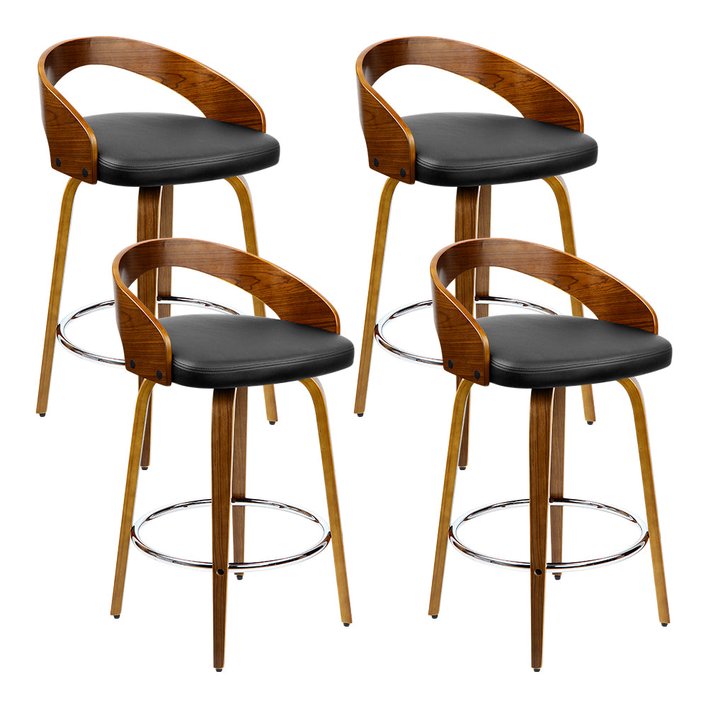 Set of 4 Walnut & PU Leather Bar Stools - Black and Brown Homecoze