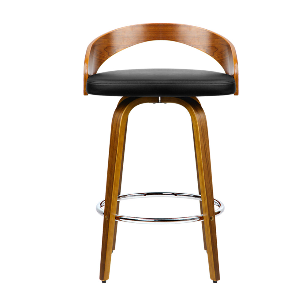 Set of 4 Walnut & PU Leather Bar Stools - Black and Brown Homecoze