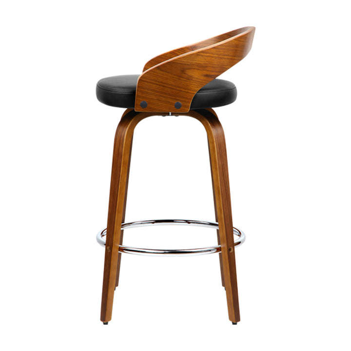 Set of 4 Walnut & PU Leather Bar Stools - Black and Brown Homecoze