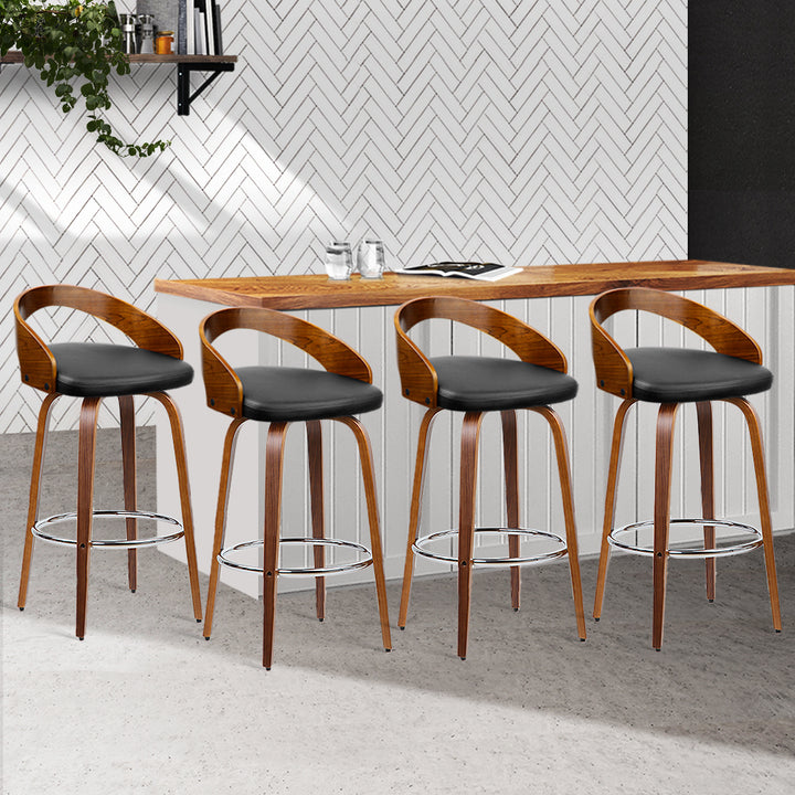 Set of 4 Walnut & PU Leather Bar Stools - Black and Brown Homecoze