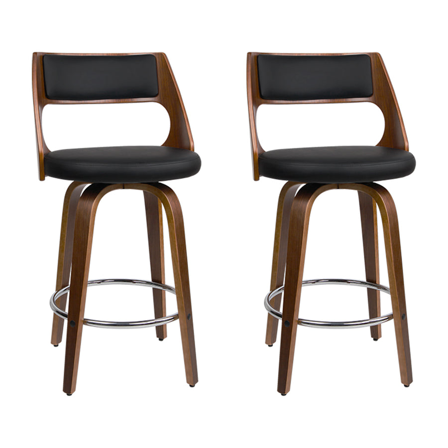 Set of 2 Wooden Bar Stools PU Leather - Black and Wood Homecoze