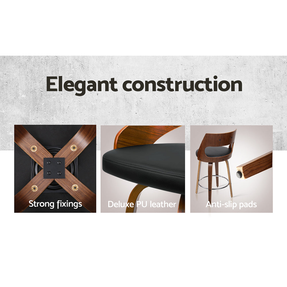 Set of 2 Wooden Bar Stools PU Leather - Black and Wood Homecoze