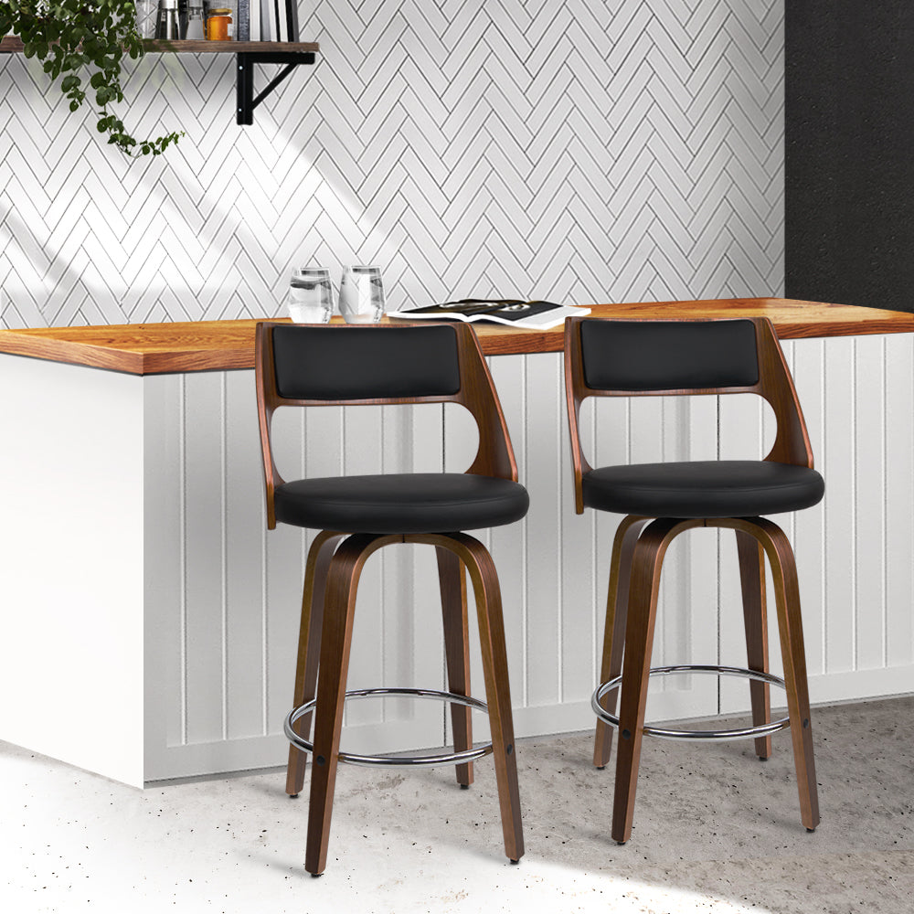 Set of 2 Wooden Bar Stools PU Leather - Black and Wood Homecoze