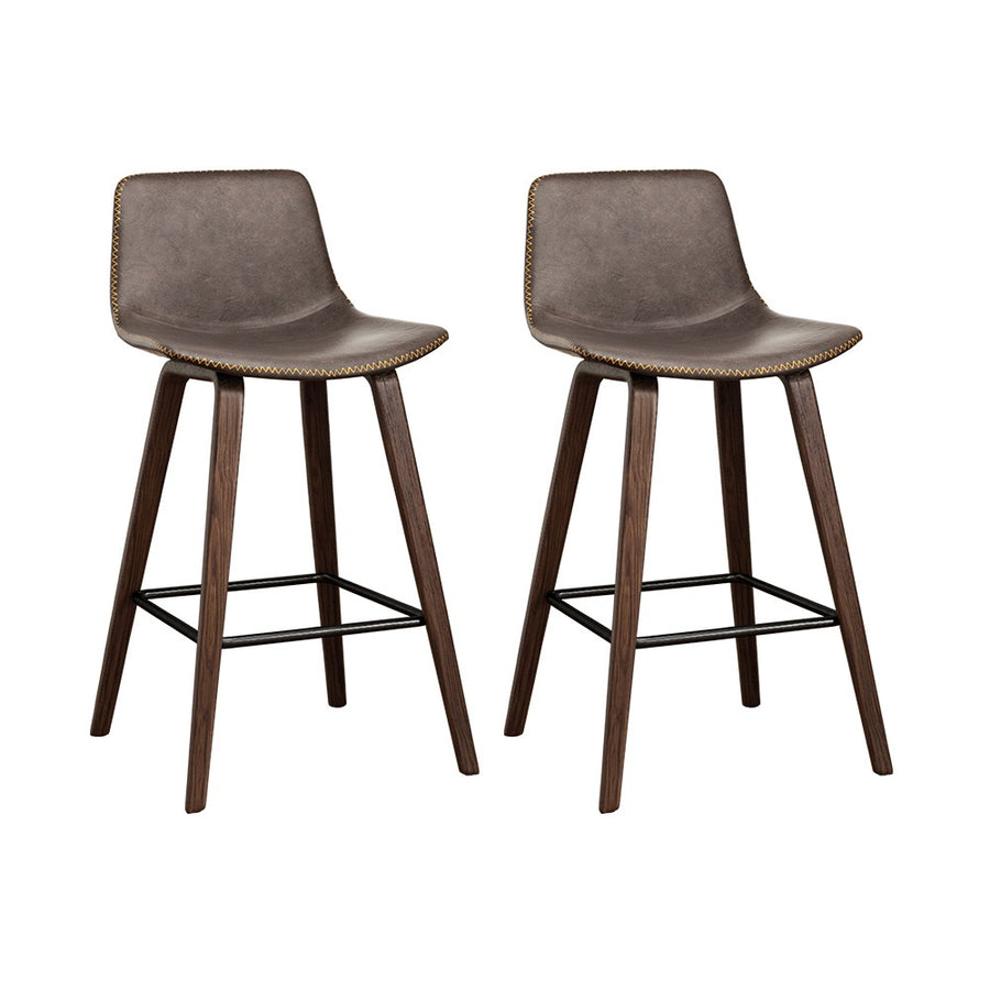 Set of 2 PU Leather Bar Stools Square Footrest - Wood and Brown Homecoze