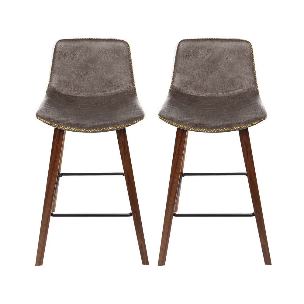 Set of 2 PU Leather Bar Stools Square Footrest - Wood and Brown Homecoze