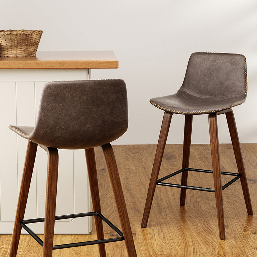 Set of 2 PU Leather Bar Stools Square Footrest - Wood and Brown Homecoze