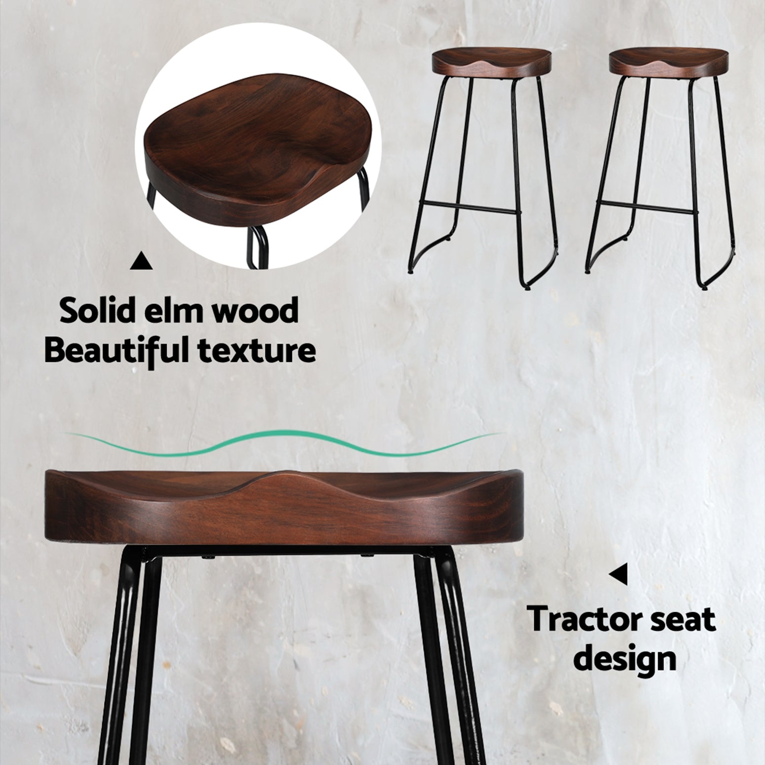 Emerson (Set of 2) Bar Stools 75cm - Dark Wood - Homecoze