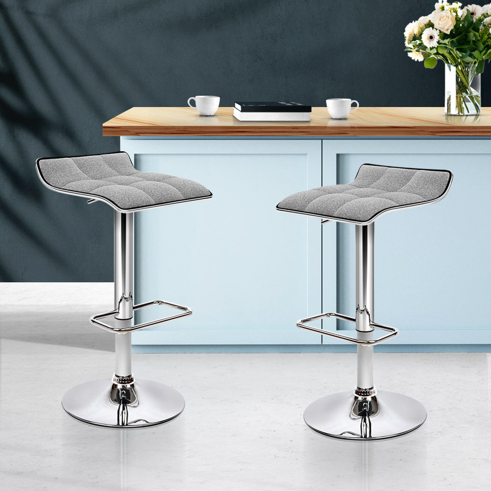 Set of 2 Linen Fabric Wave Bar Stools - Grey and Chrome Homecoze