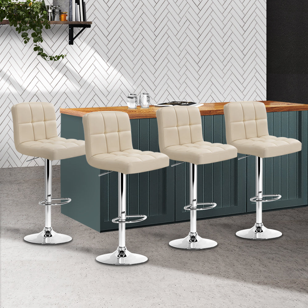 Set of 4 PU Leather Mid Back Gas Lift Bar Stools - Beige Homecoze