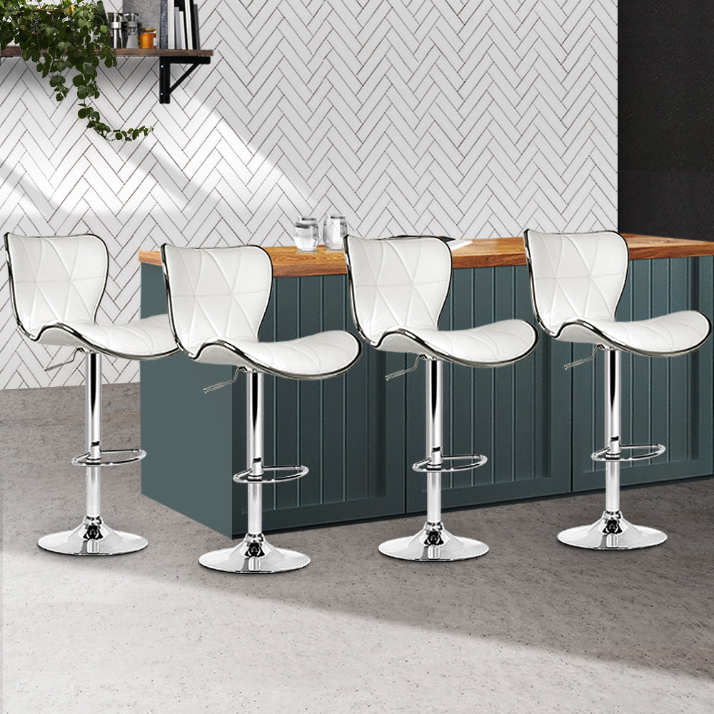 Set of 4 PU Leather Patterned Bar Stools - White and Chrome Homecoze