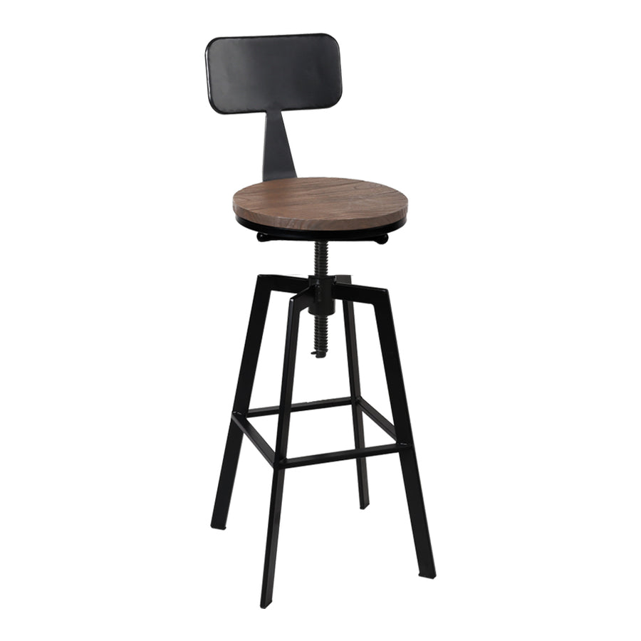 Industrial Elm Wood Metal Bar Stool with Backrest - Dark Brown & Black Homecoze