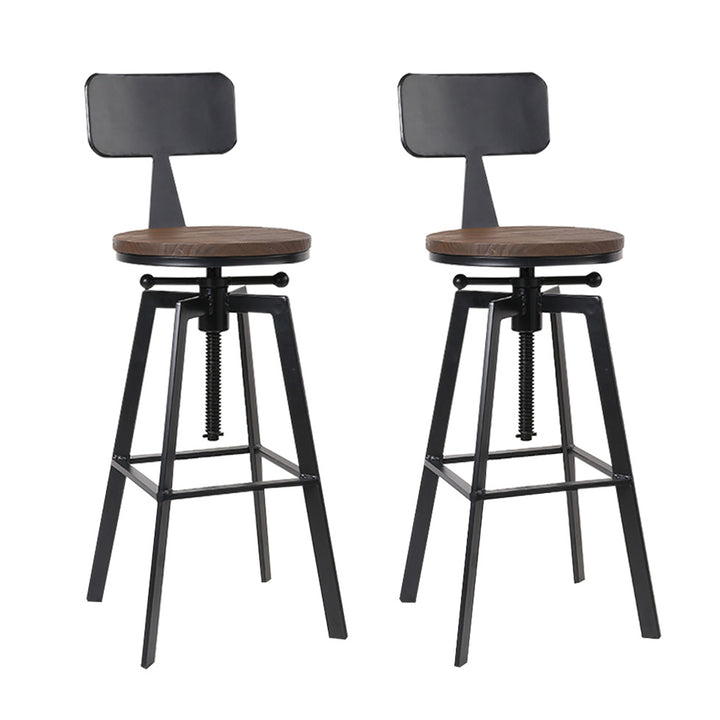 Set of 2 x Industrial Elm Wood Metal Bar Stool with Backrest - Dark Brown & Black Homecoze