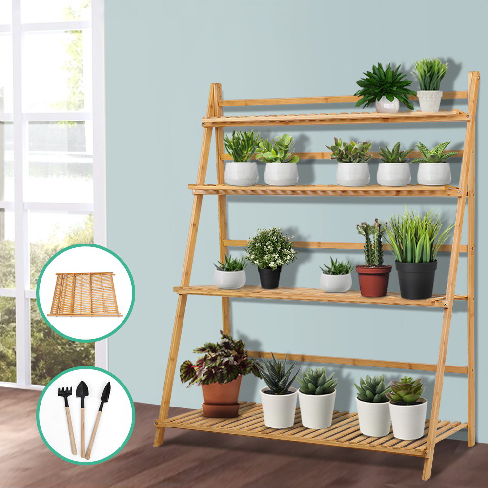 Bamboo Wooden Ladder Shelf Plant Stand Foldable Homecoze