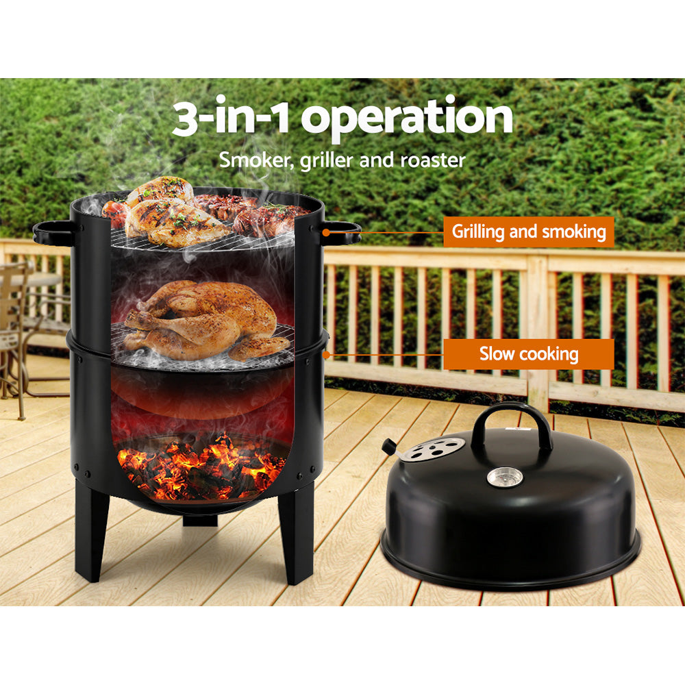 3-in-1 Charcoal BBQ Smoker - Black Homecoze