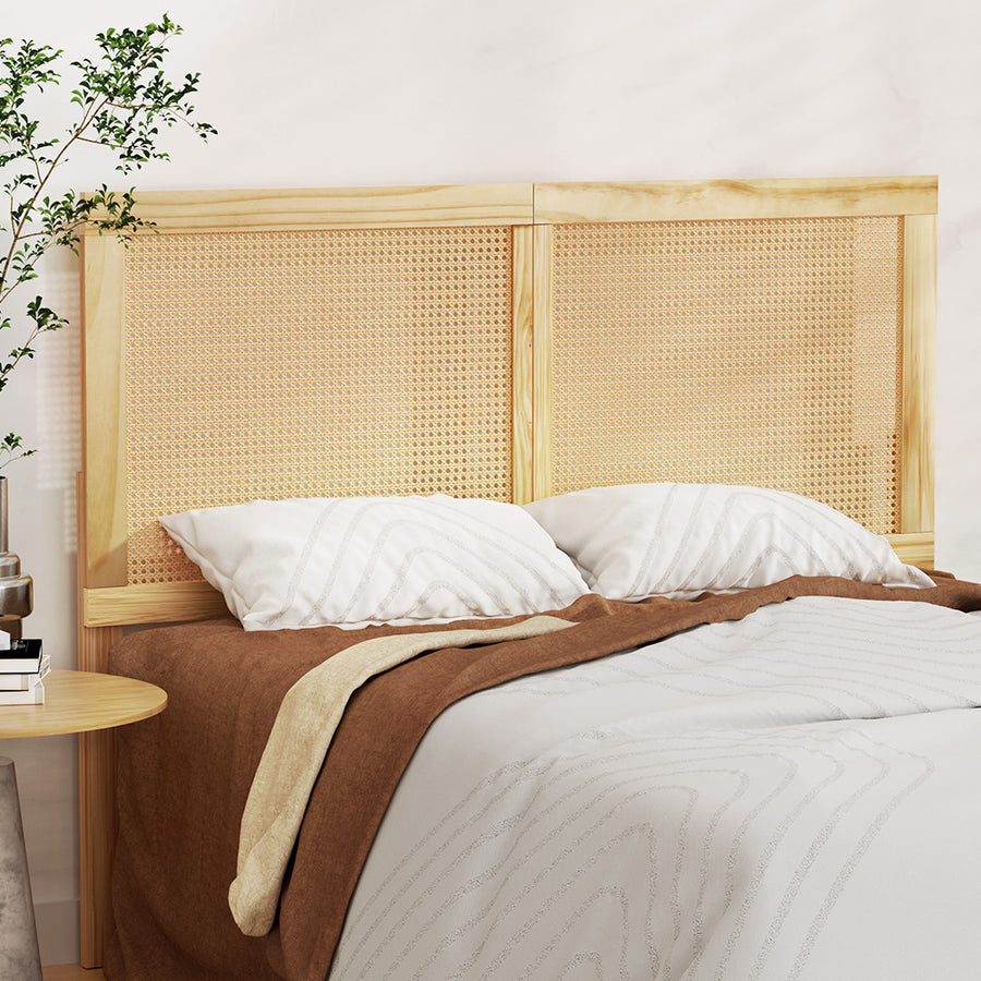 Double Size Rattan Pinewood Boho Style Headboard Bed Frame Bed Head - Pine Homecoze