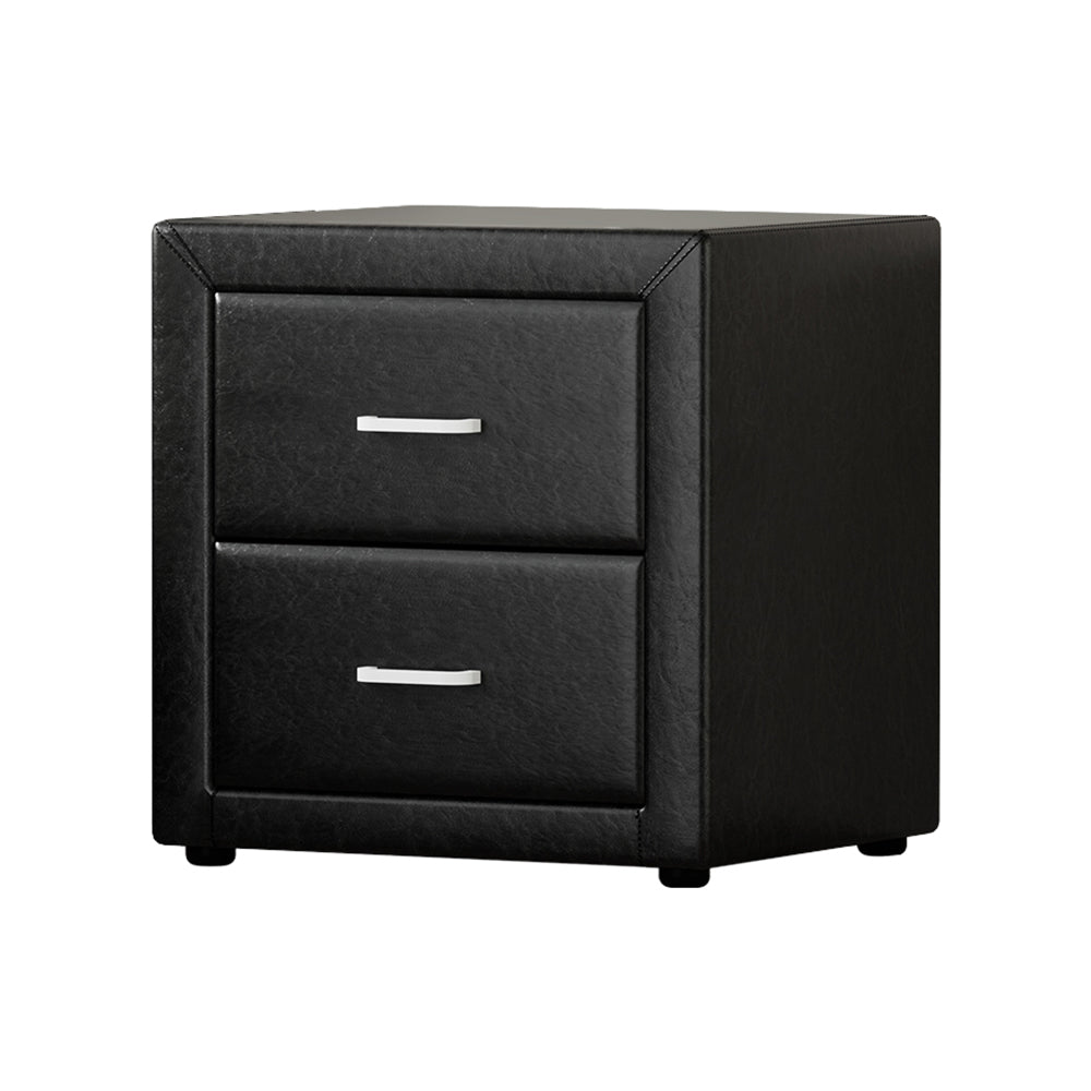 PVC Leather 2 Drawer Bedside Table - Black - Homecoze