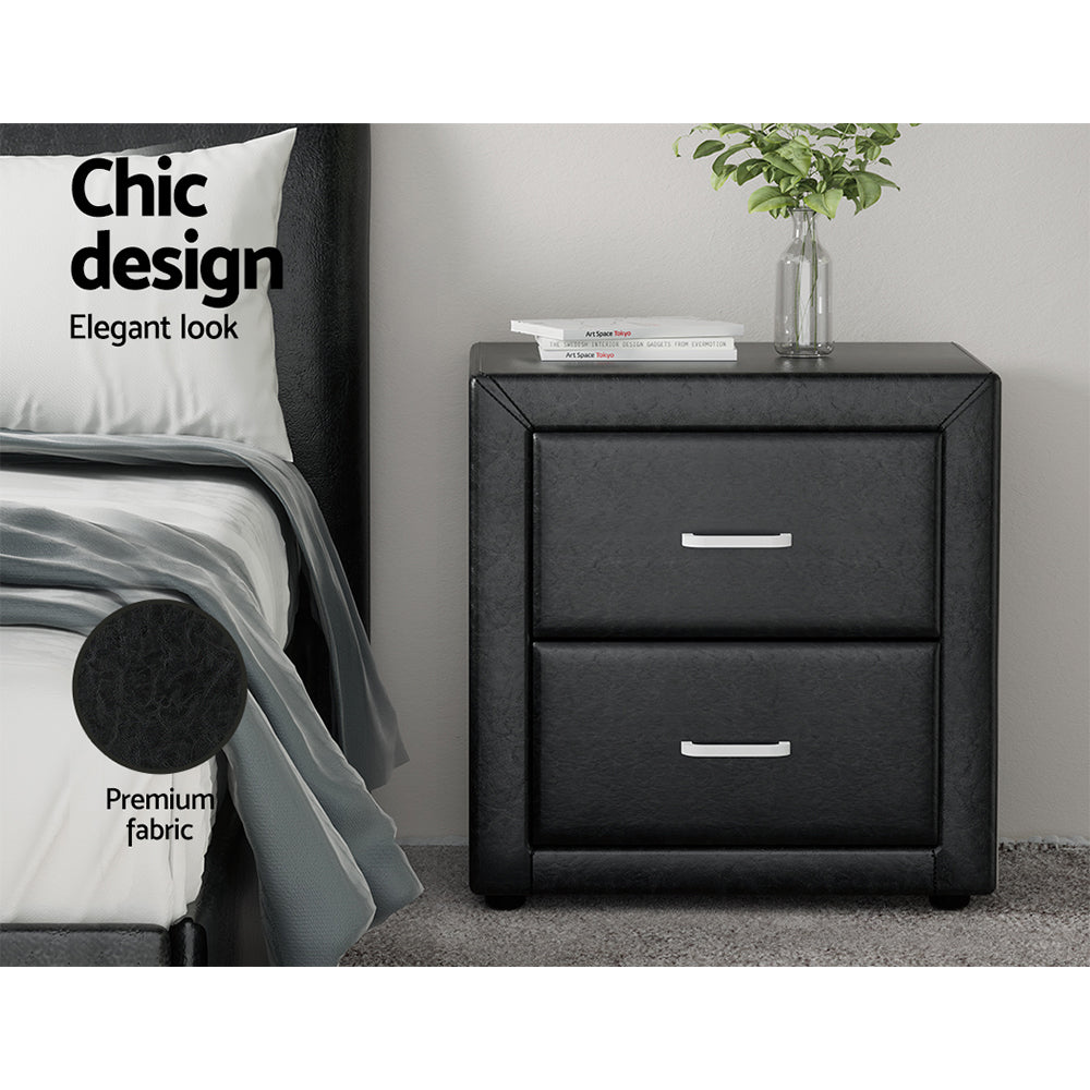 PVC Leather 2 Drawer Bedside Table - Black - Homecoze