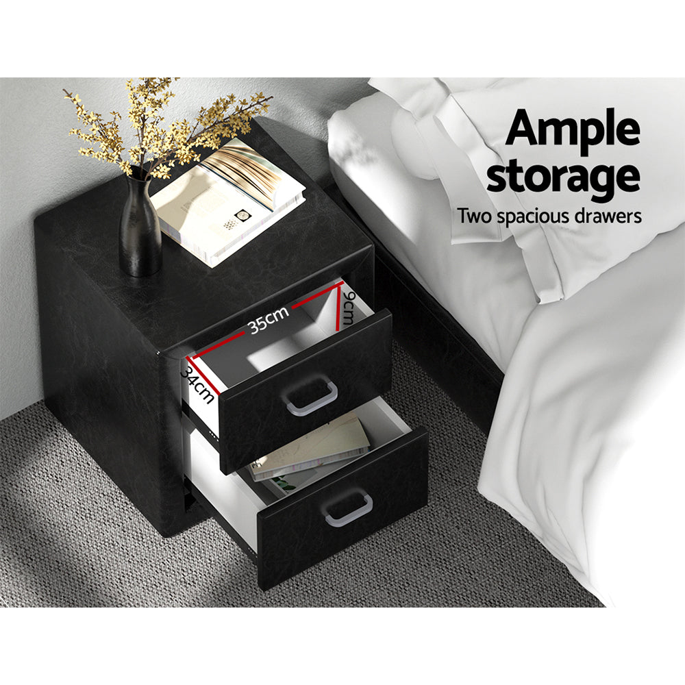 PVC Leather 2 Drawer Bedside Table - Black - Homecoze