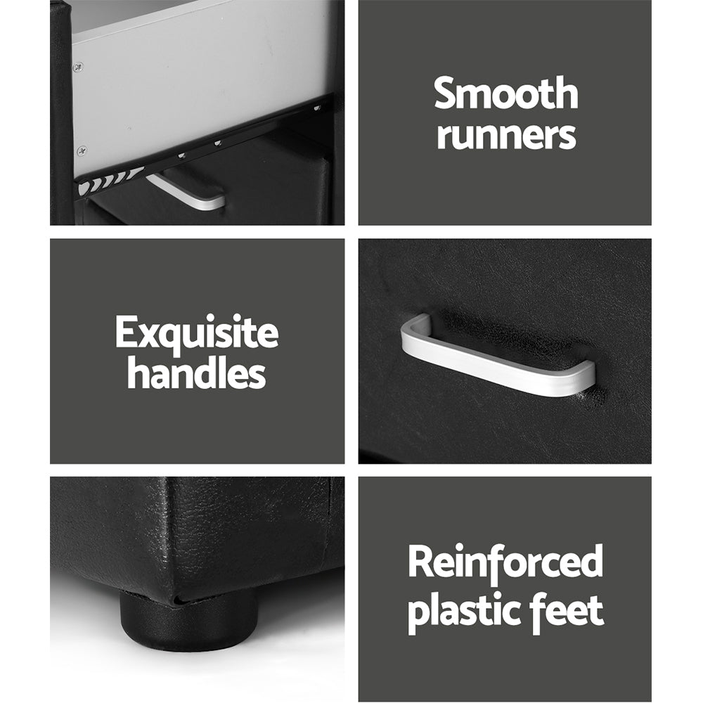 PVC Leather 2 Drawer Bedside Table - Black - Homecoze