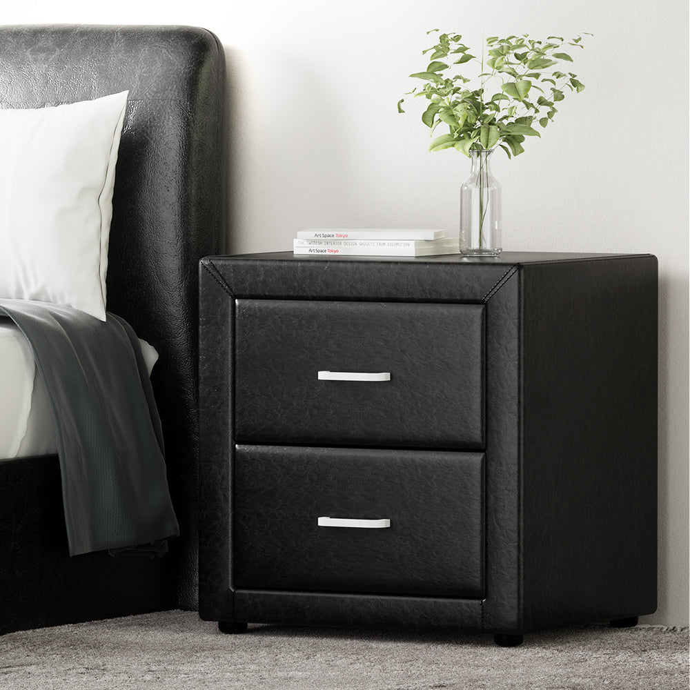 PVC Leather 2 Drawer Bedside Table - Black - Homecoze