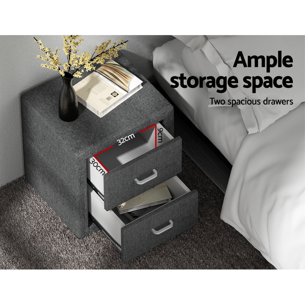 Fabric 2 Drawer Bedside Table - Grey - Homecoze