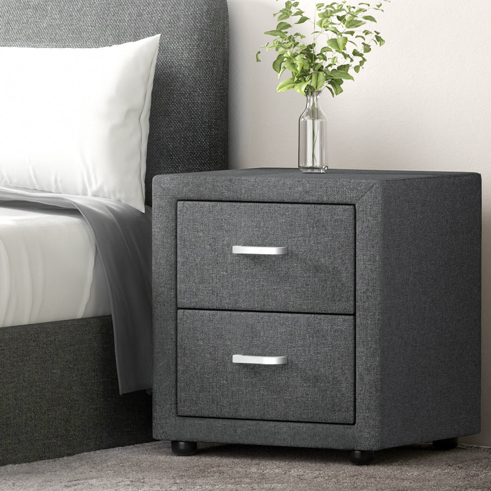 Fabric 2 Drawer Bedside Table - Grey - Homecoze