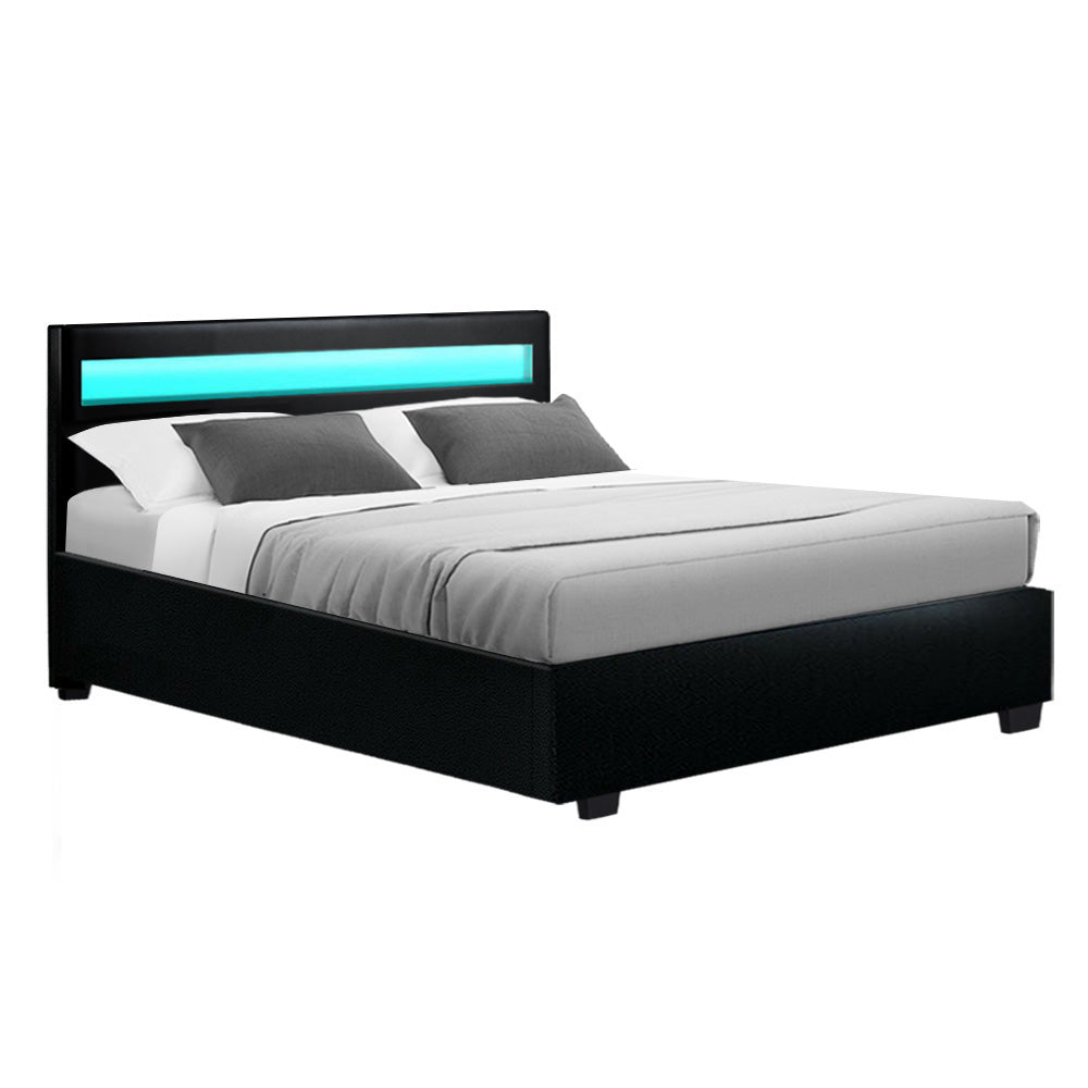 Deluxe PU Leather LED Bed Frame Double with Gas Lift Storage - Black Homecoze