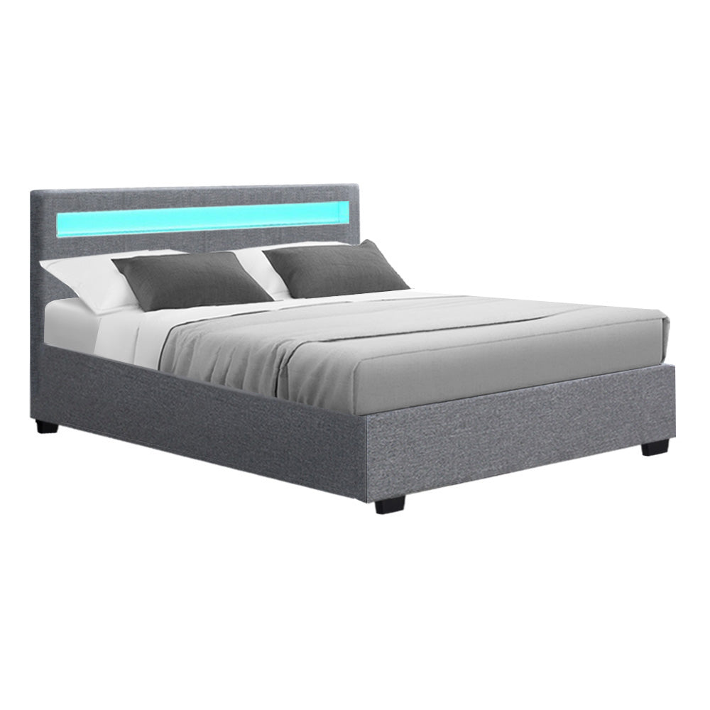 Deluxe Faux Linen Fabric LED Bed Frame Double with Gas Lift Storage - Grey Homecoze