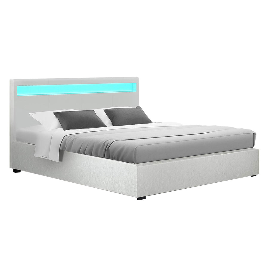 Deluxe PU Leather LED Bed Frame Double with Gas Lift Storage - White Homecoze