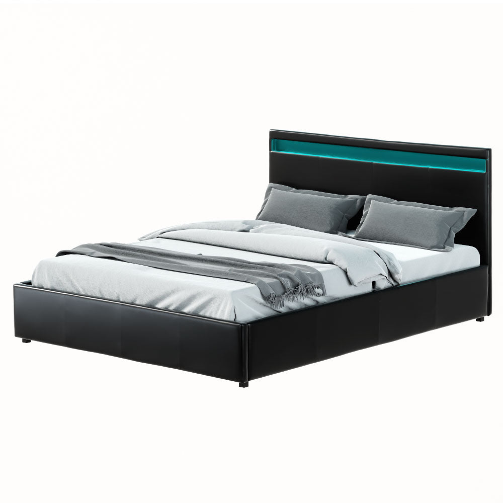 Deluxe PU Leather LED Bed Frame Queen with Gas Lift Storage - Black Homecoze