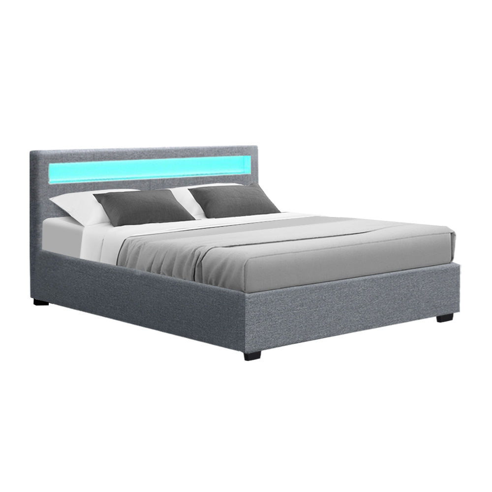 Deluxe Faux Linen Fabric LED Bed Frame Queen with Gas Lift Storage - Grey Homecoze
