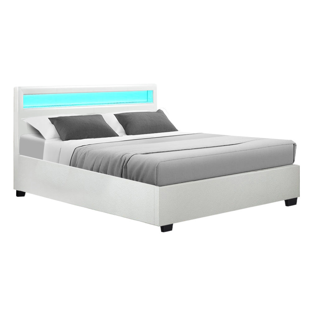 Deluxe PU Leather LED Bed Frame Queen with Gas Lift Storage - White Homecoze