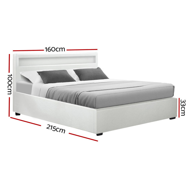 Deluxe PU Leather LED Bed Frame Queen with Gas Lift Storage - White Homecoze