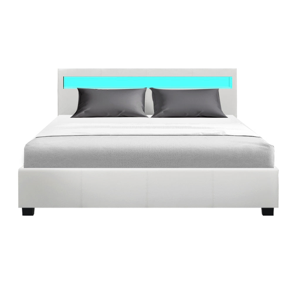 Deluxe PU Leather LED Bed Frame Queen with Gas Lift Storage - White Homecoze