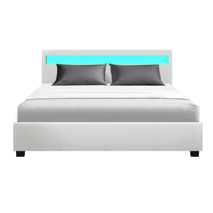 Deluxe PU Leather LED Bed Frame Queen with Gas Lift Storage - White Homecoze