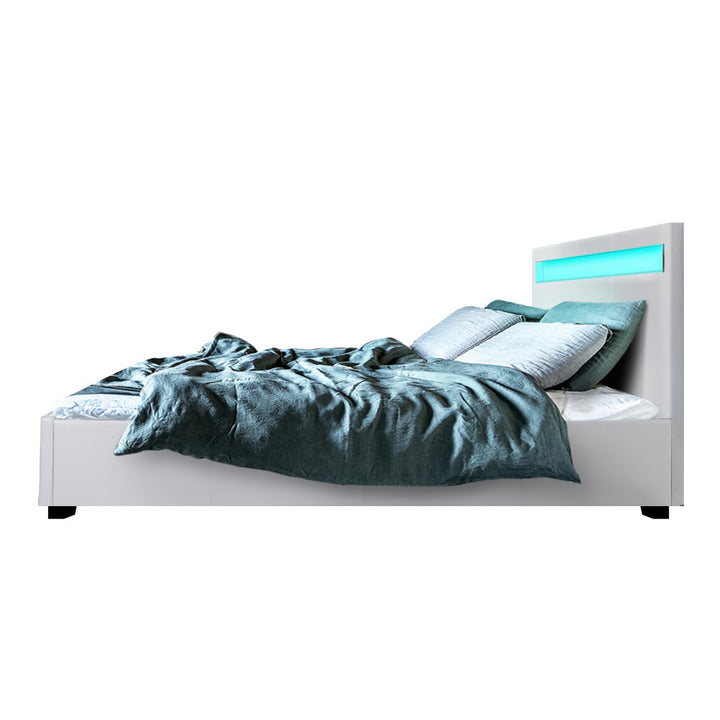 Deluxe PU Leather LED Bed Frame Queen with Gas Lift Storage - White Homecoze