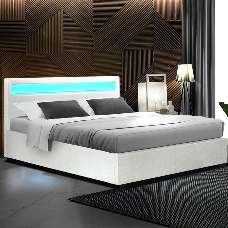 Deluxe PU Leather LED Bed Frame Queen with Gas Lift Storage - White Homecoze