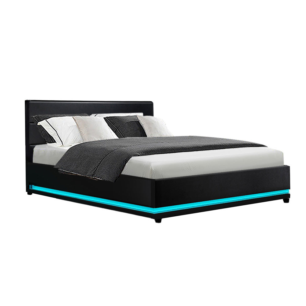 Premium PU Leather LED Bed Frame Double with Gas Lift Storage - Black Homecoze