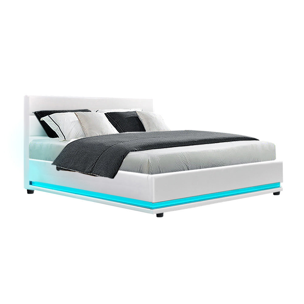 Premium PU Leather LED Bed Frame Double with Gas Lift Storage - White Homecoze