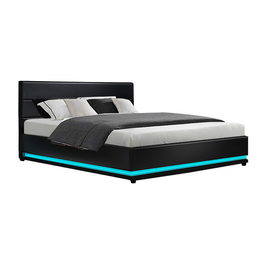 Premium PU Leather LED Bed Frame King with Gas Lift Storage - Black Homecoze