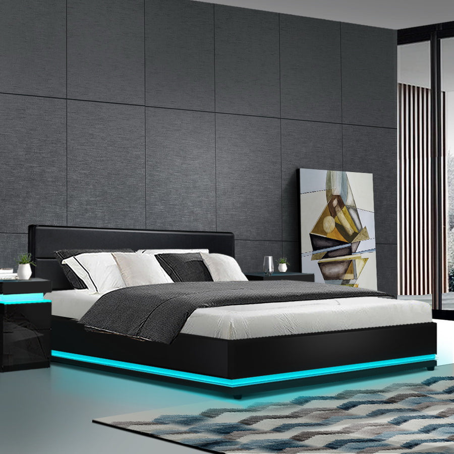 Premium PU Leather LED Bed Frame King with Gas Lift Storage - Black Homecoze