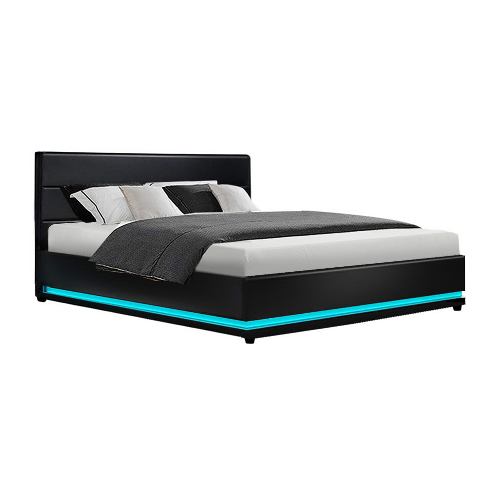 Premium PU Leather LED Bed Frame Queen with Gas Lift Storage - Black Homecoze