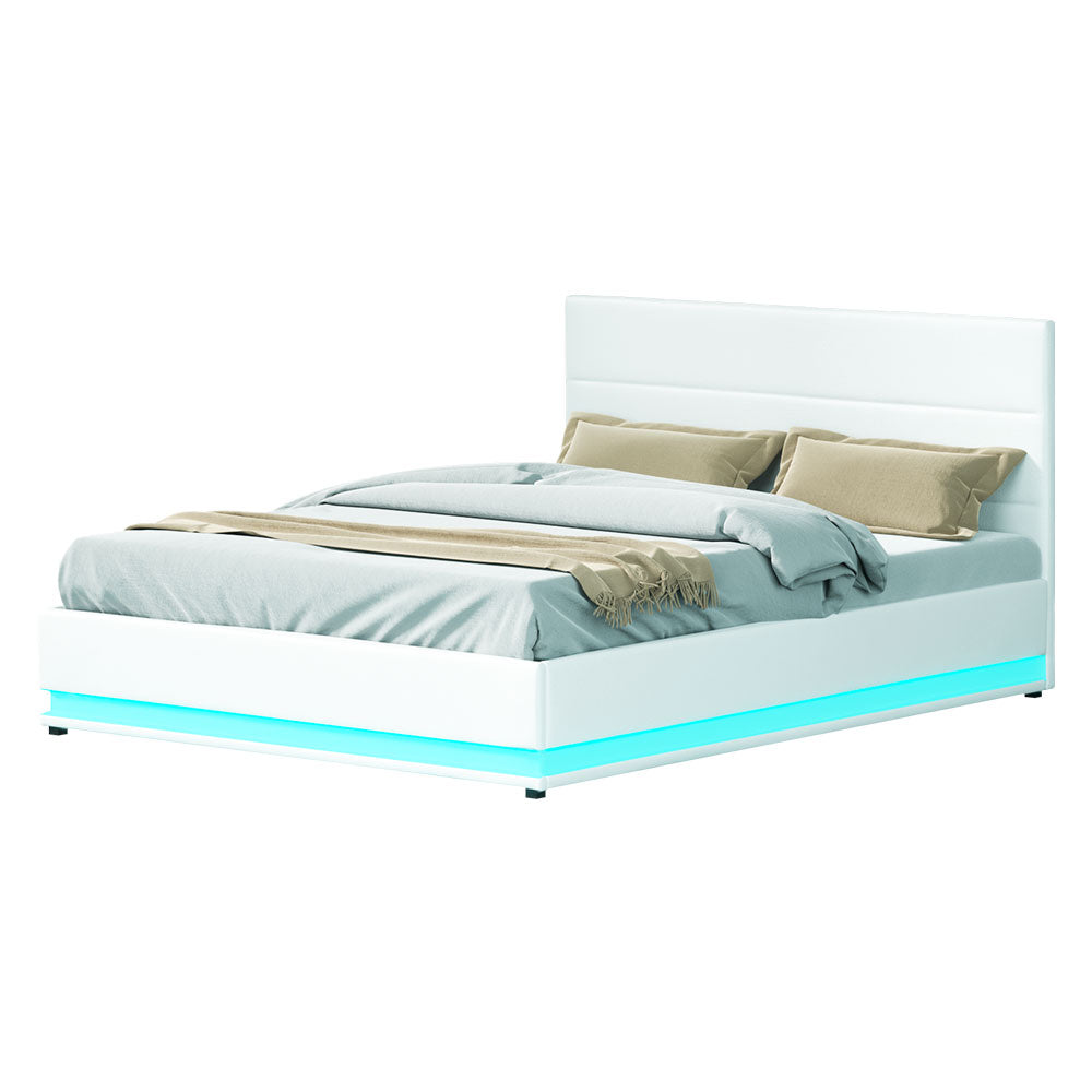 Premium PU Leather LED Bed Frame Queen with Gas Lift Storage - White Homecoze