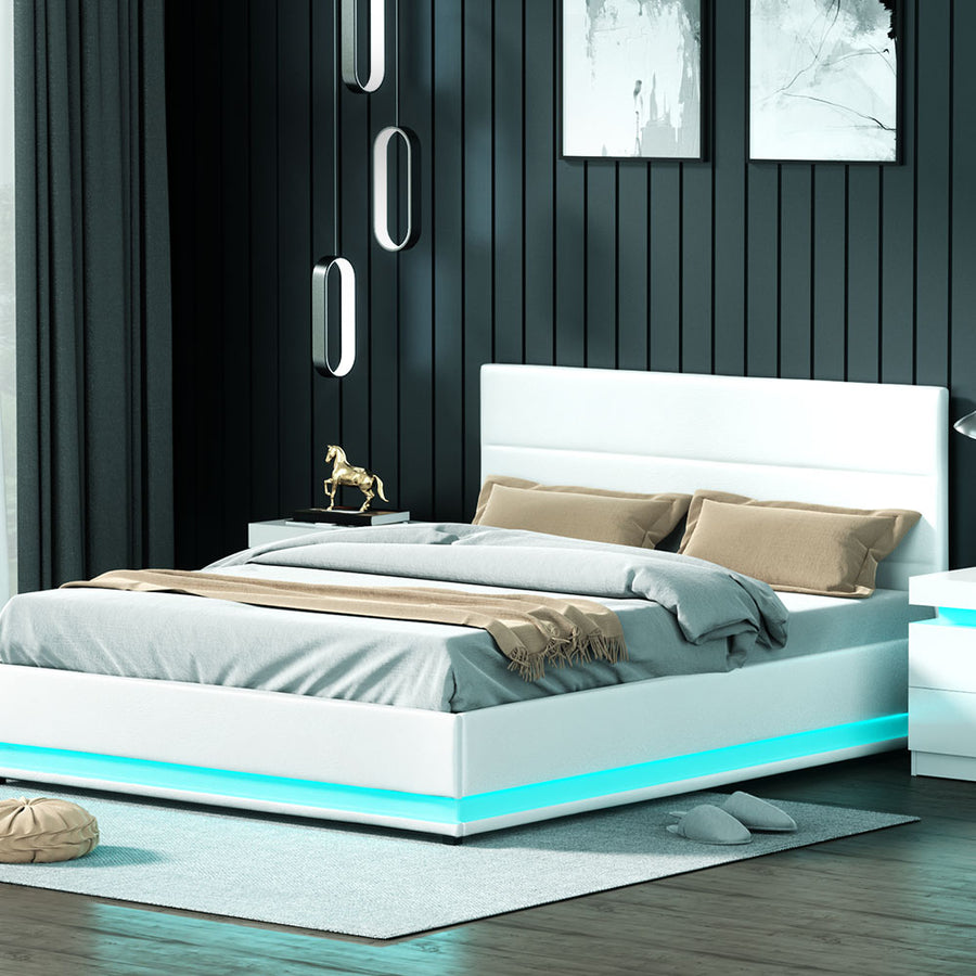 Premium PU Leather LED Bed Frame Queen with Gas Lift Storage - White Homecoze
