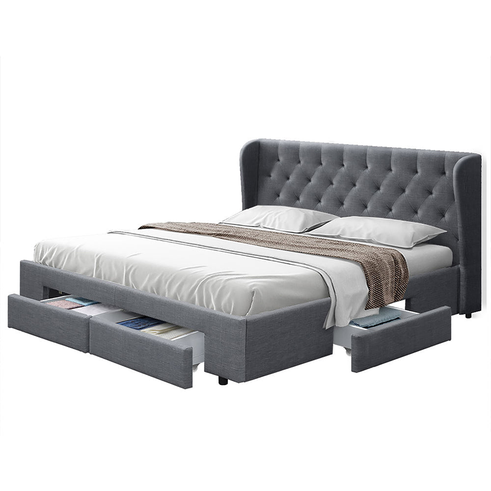 MILA Elegant Bed Frame Base with Storage Drawers - Grey Fabric Queen Homecoze